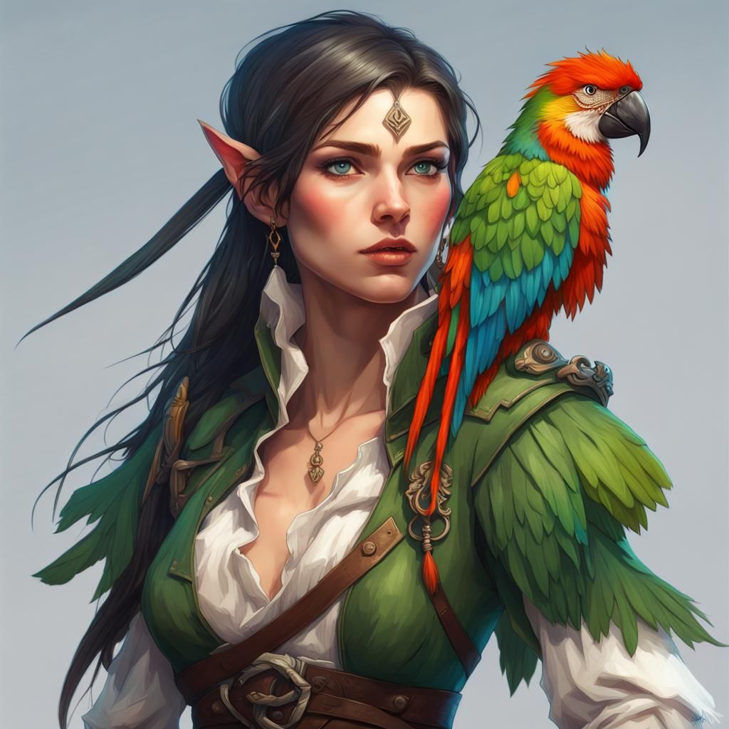Half-Elf Pirate Girl Portrait with Parrot