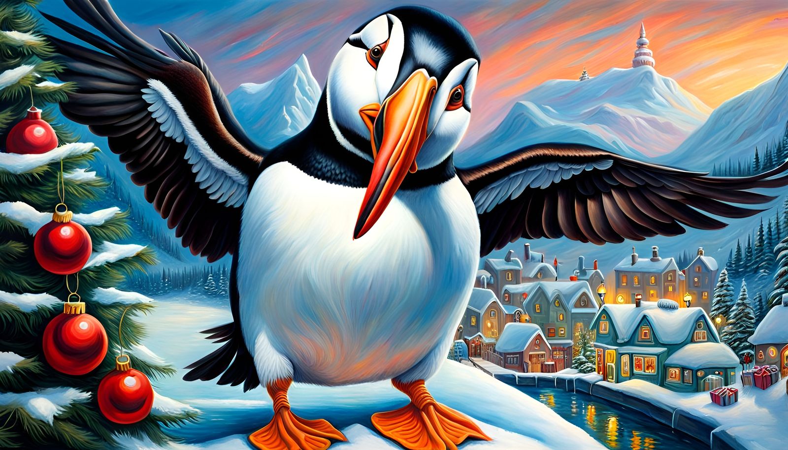Giant Christmas Puffin: Colorful Oil Painting