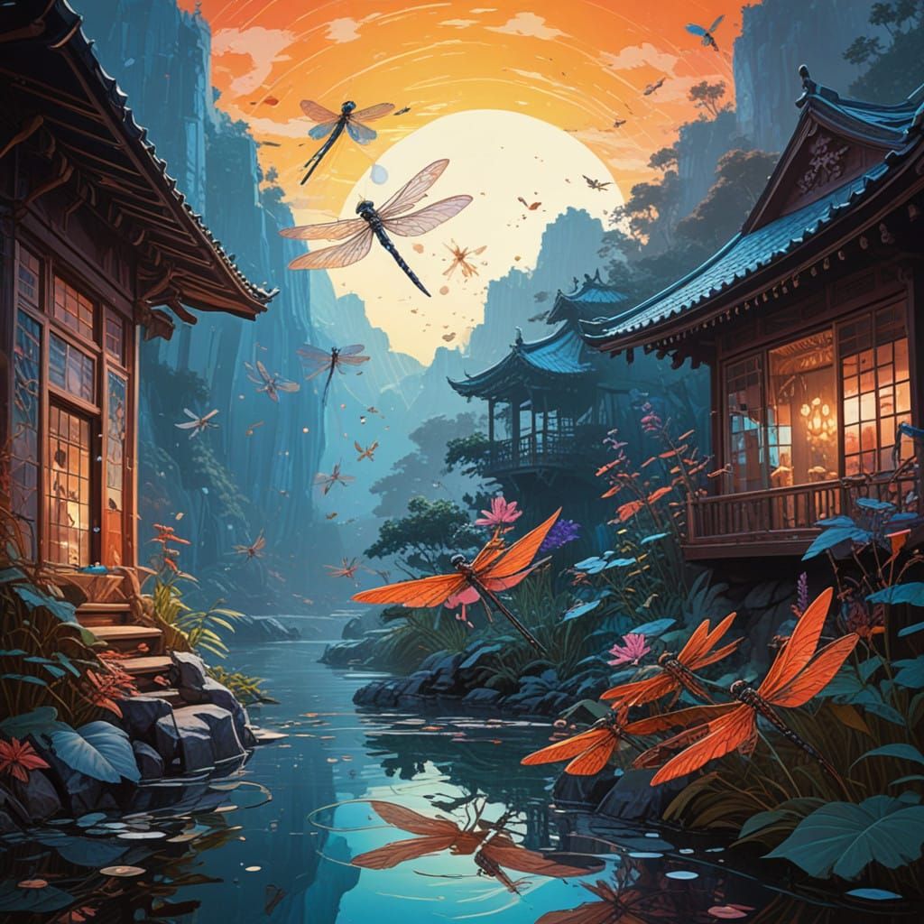 Dragonflies in Vibrant, Iridescent Gouache