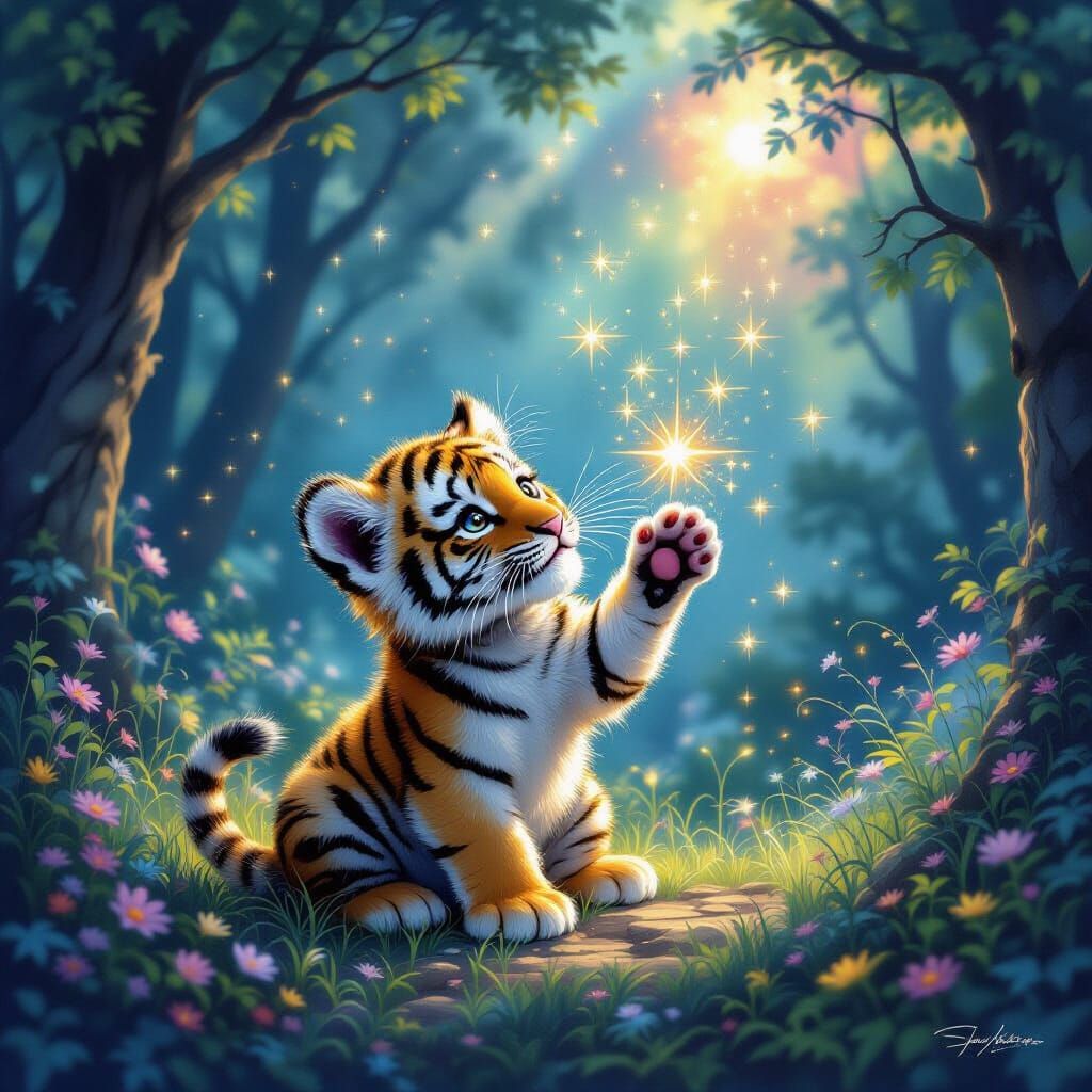 Baby Tiger Cub in Starry Enchanted Forest