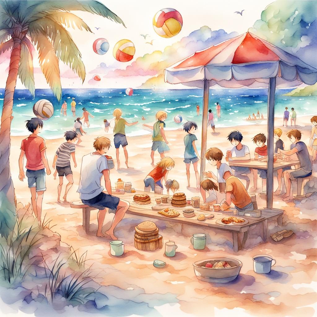 Anime Beach Party with Volleyball and BBQ