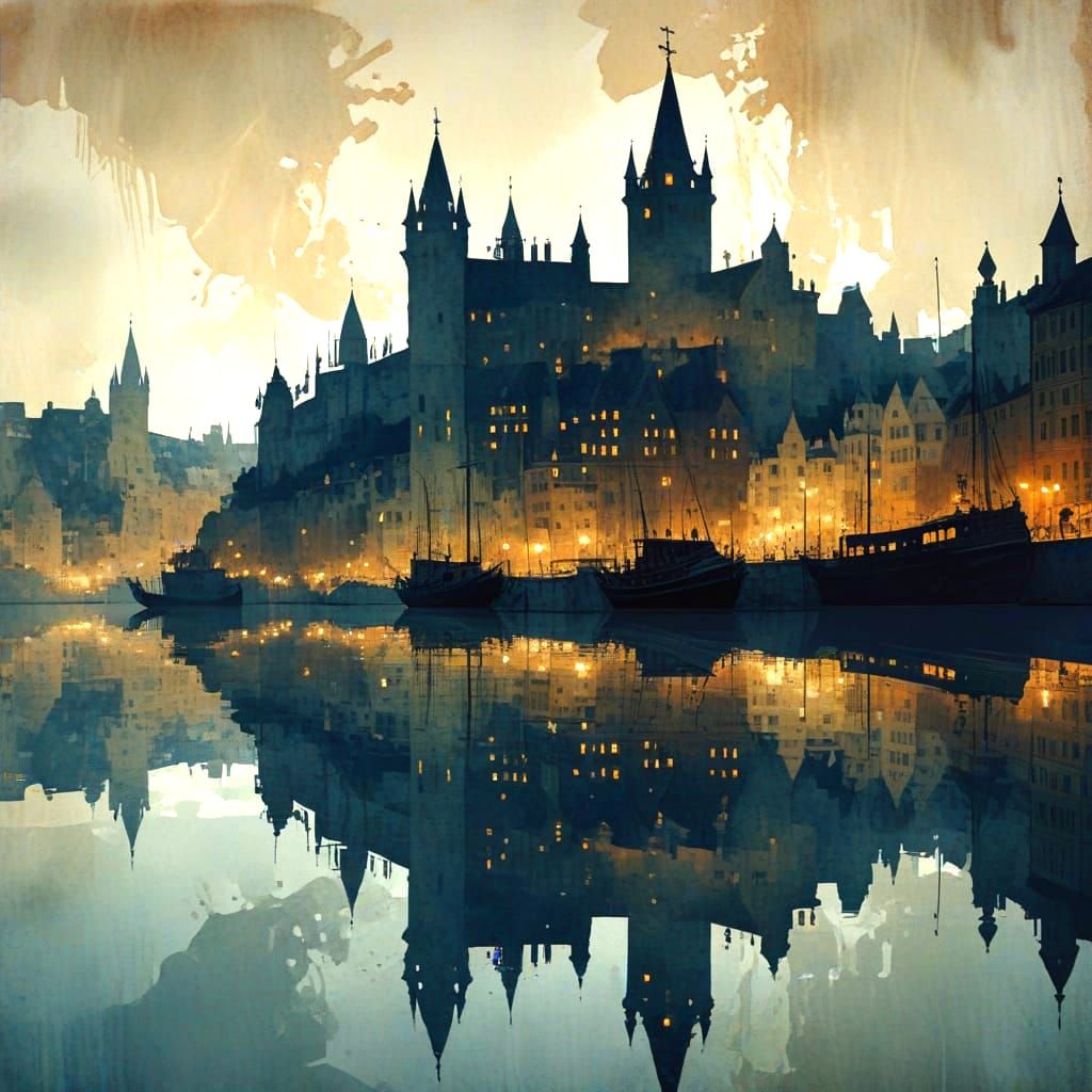 Medieval City Harbour Silhouette in Double Exposure