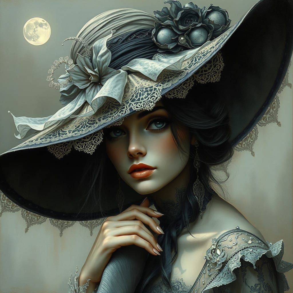 Enchanted Woman in Luxurious Hat with Mystical Air
