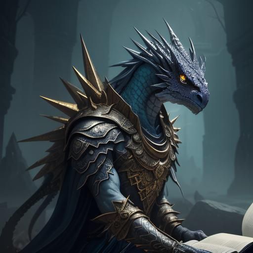 Silver Dragon Studying Ancient Magic, Dark Fantasy Art