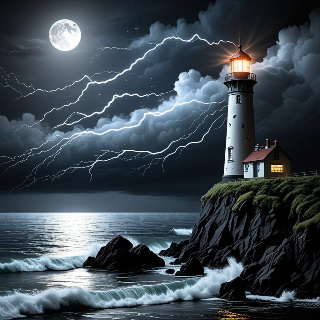 Lonely Lighthouse Line Art in Textile Style