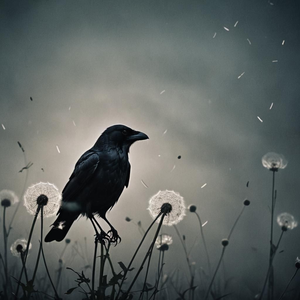 Ethereal Raven Hiding Behind Dandelion Seeds