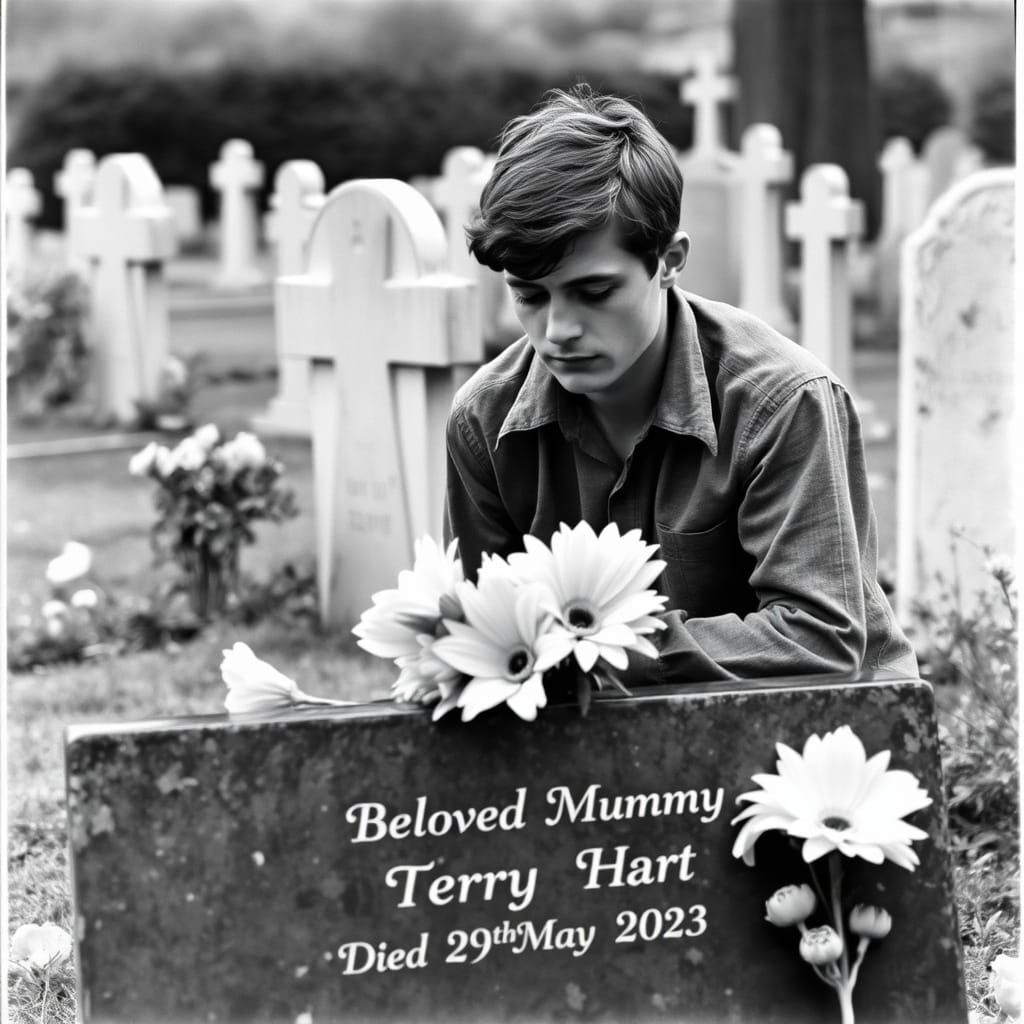 Man Visits Cemetery with Flowers, Black and White
