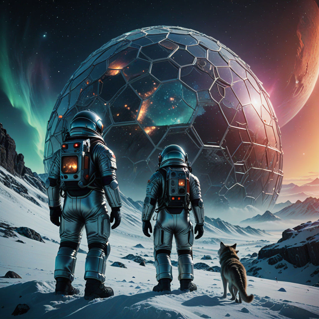 Surreal Sci-Fi Illustration of Men and Wolf on Snowy Cliff