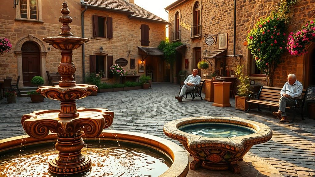 Photorealistic Village Square with Fountain and Relaxing Vil...