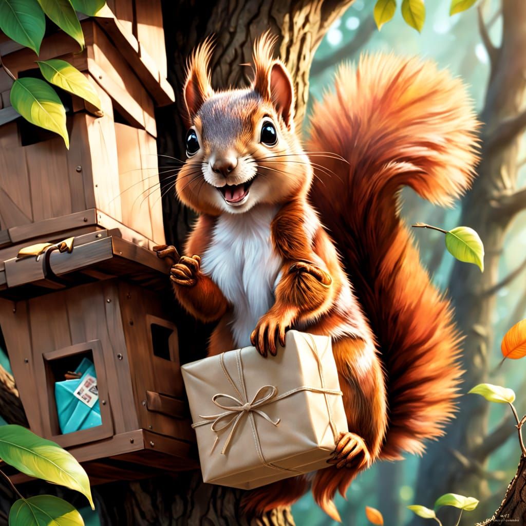 Squirrel with Package in Treehouse, Hyperrealistic Digital A...