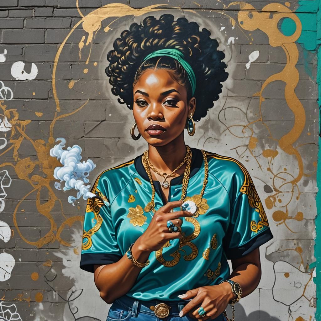 Vibrant Street Art Portrait of Young Woman with Cannabis