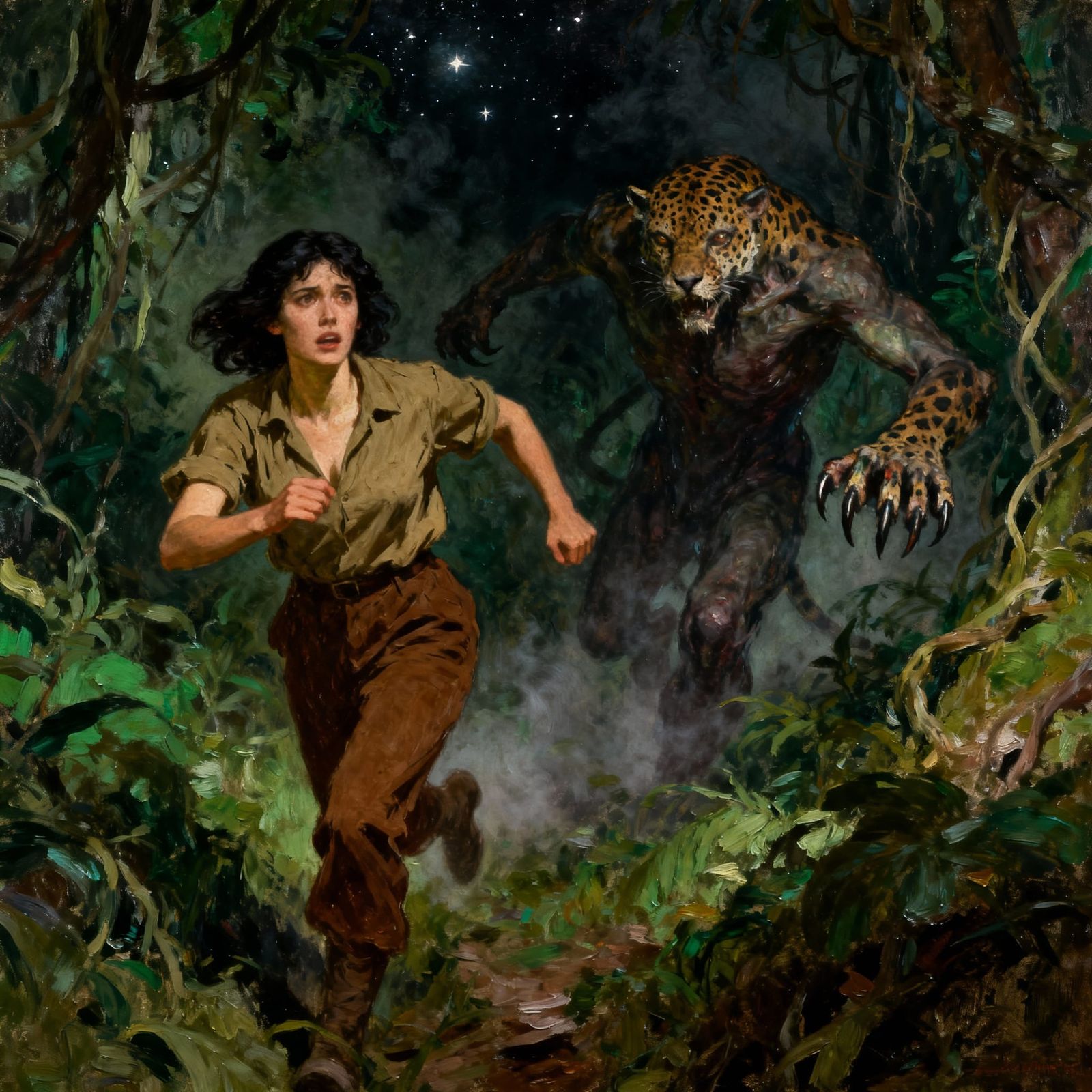 Impressionistic Oil Painting of Woman Fleeing Leopard Monste...