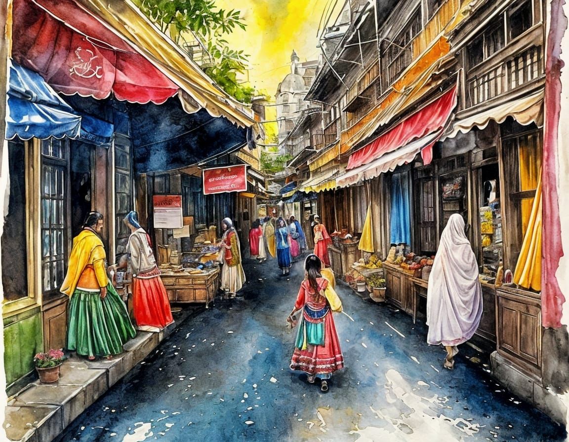 Bustling Indian Marketplace Ink Painting