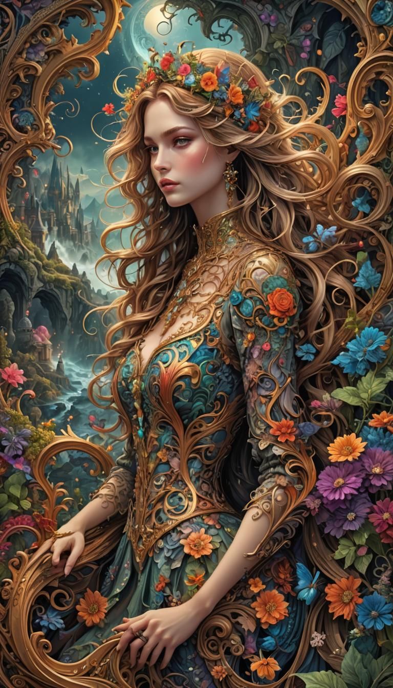 Fairytale Romance Novel Cover Art in Maximalist Style