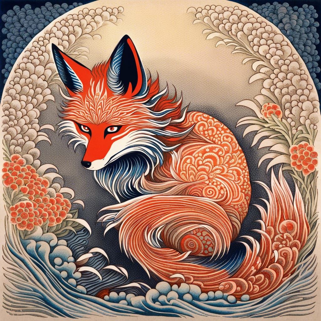 Ethereal Nine-Tailed Fox Woodblock Print