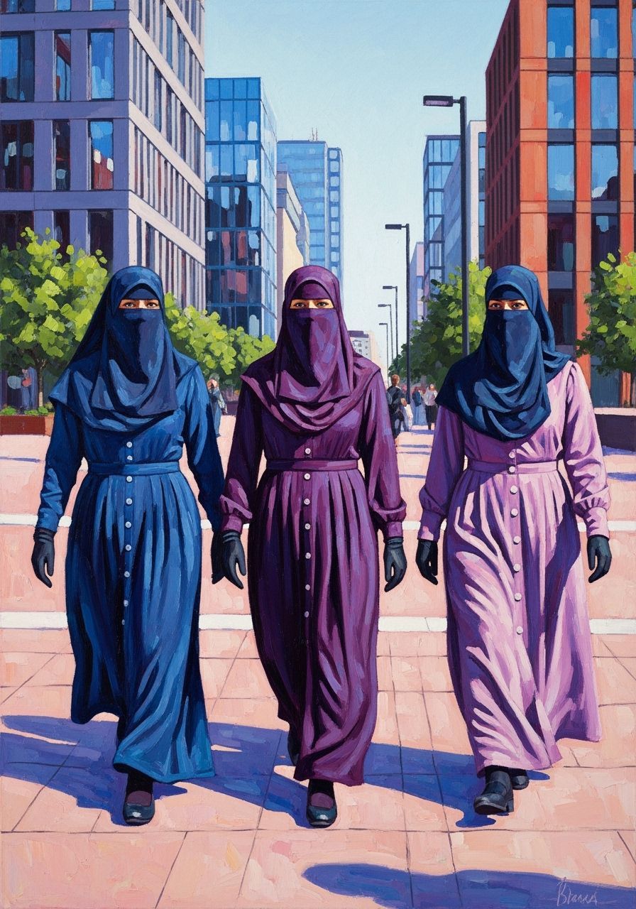 Danish Niqabi Women in Modern City, Expressive Oil Painting