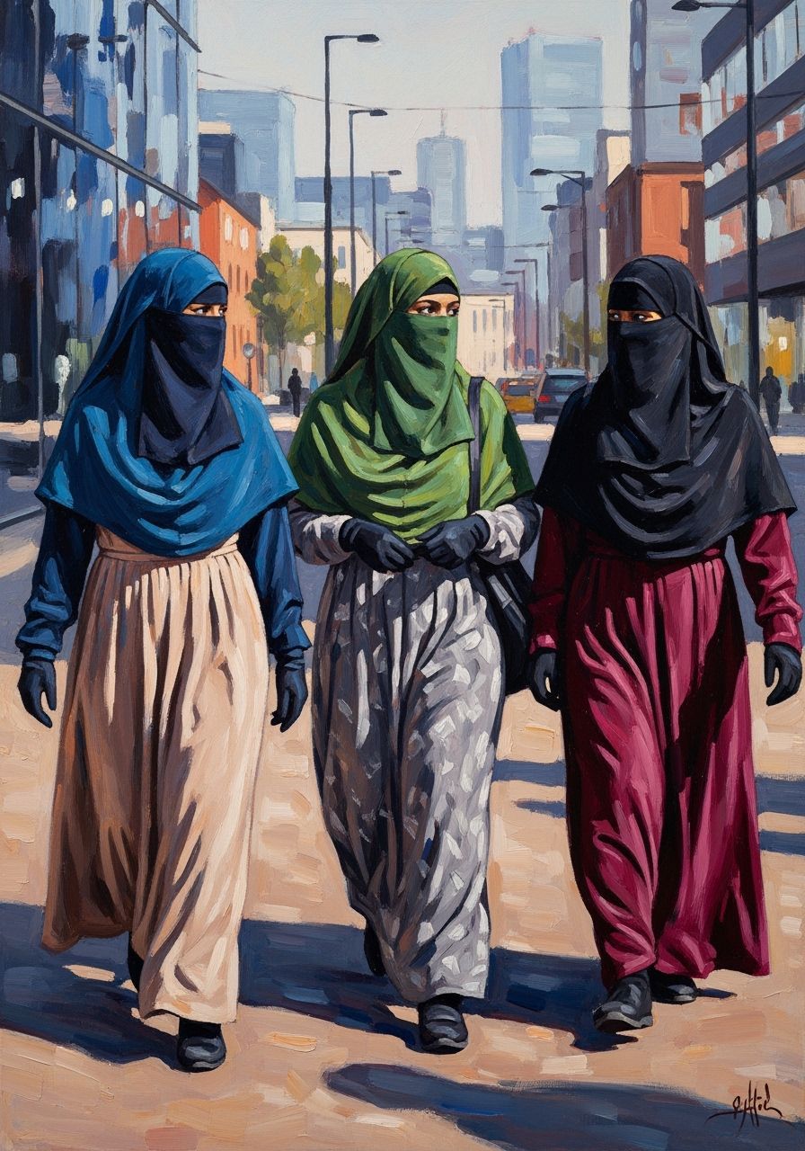Niqabi Women in Cityscape, Expressive Oil Painting