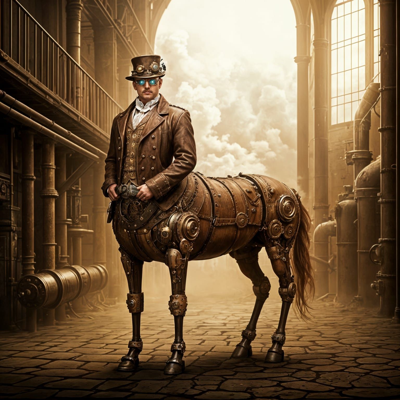 Steampunk Centaur in Industrial Landscape