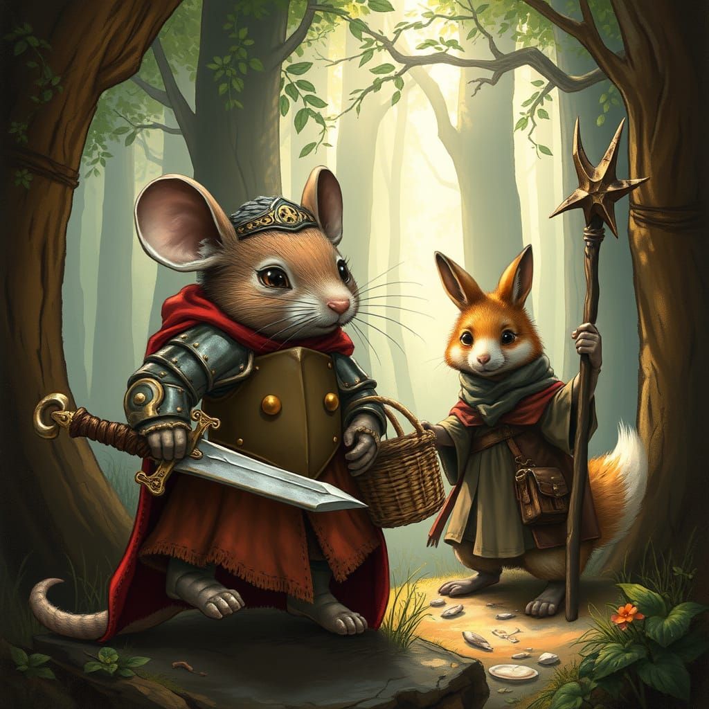 A brave mouse knight in patched armor holding a sewing needle sword.
A scruffy bunny dressed as Little Red Riding Hood w...