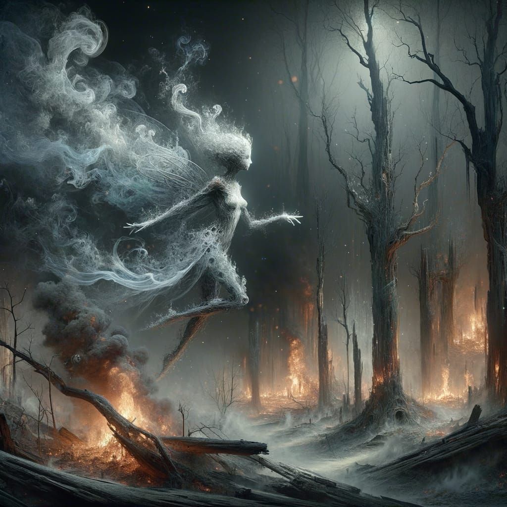 Smoke Fairy Dances in Charred Forest: Fantasy Concept Art