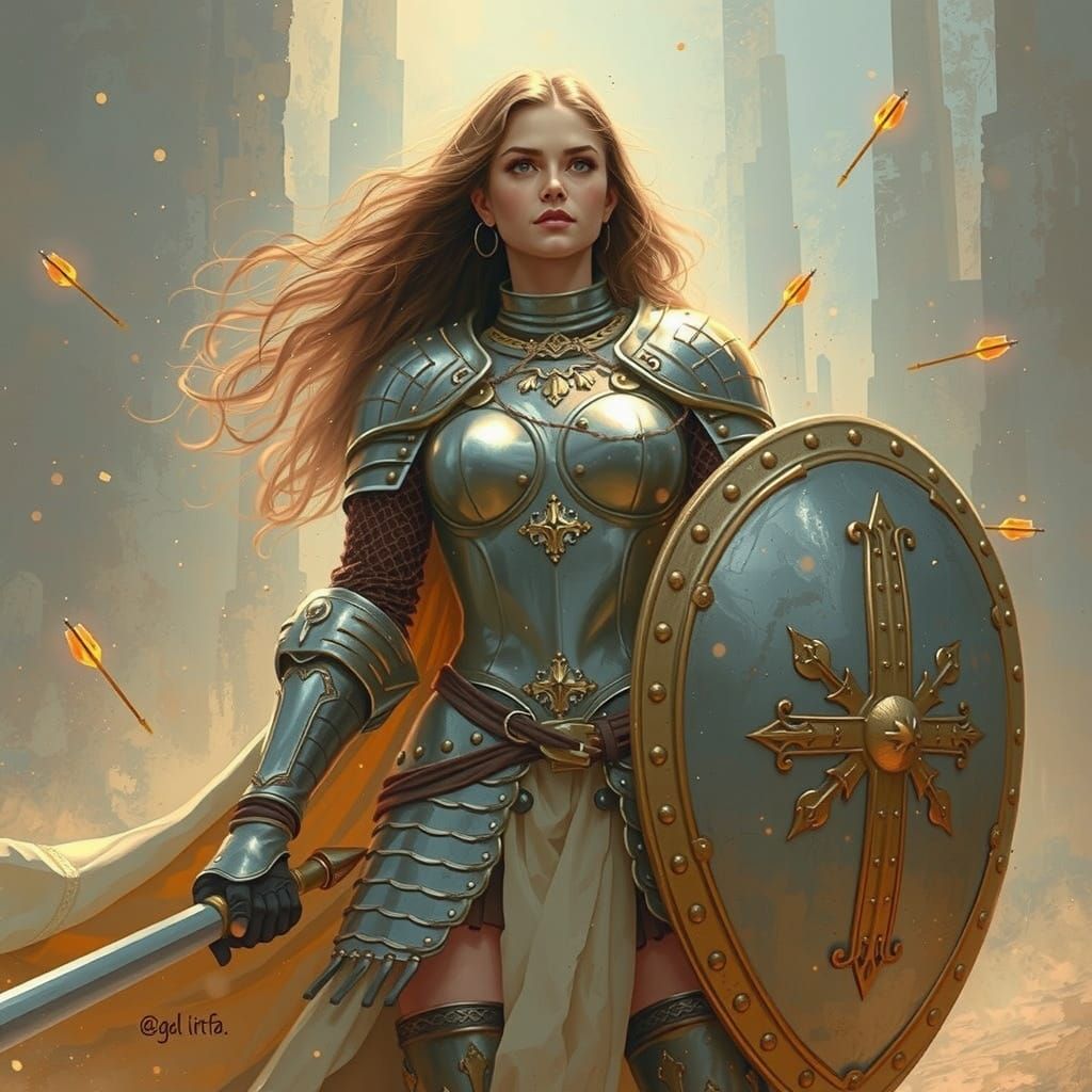 Armored Woman Deflecting Arrows in Photorealistic Style