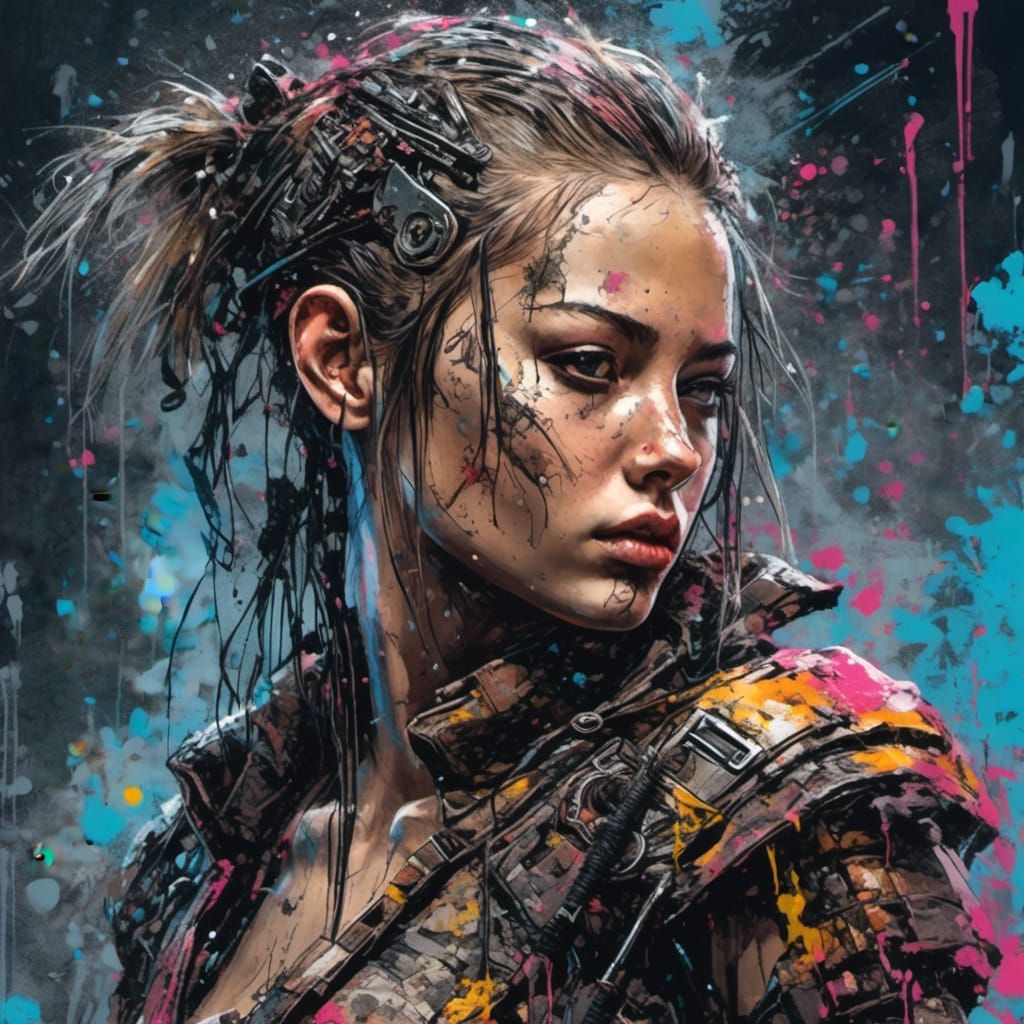 Cyberpunk Warrior Babe in Action with Graffiti