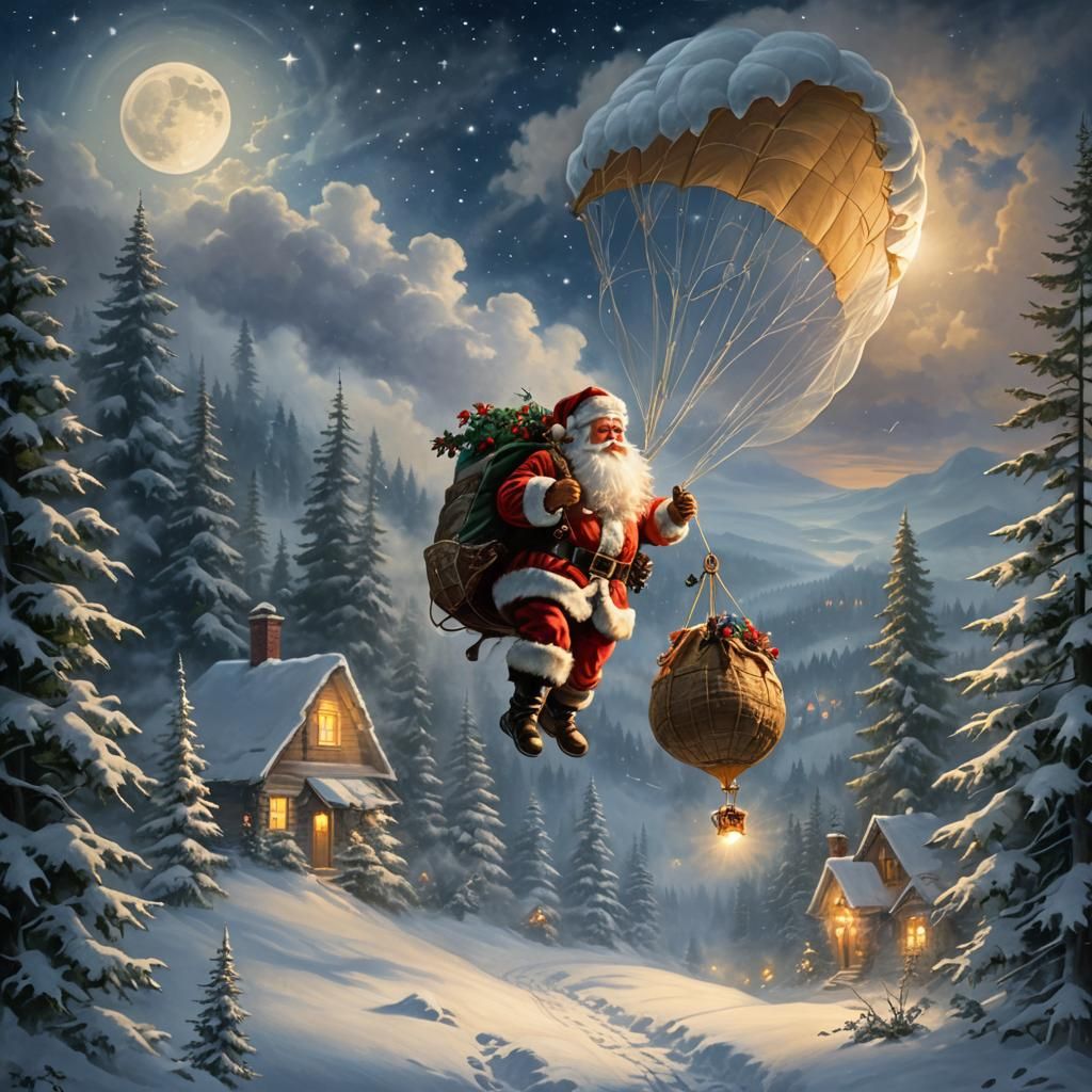 Santa Claus Parachuting Over Winter Landscape