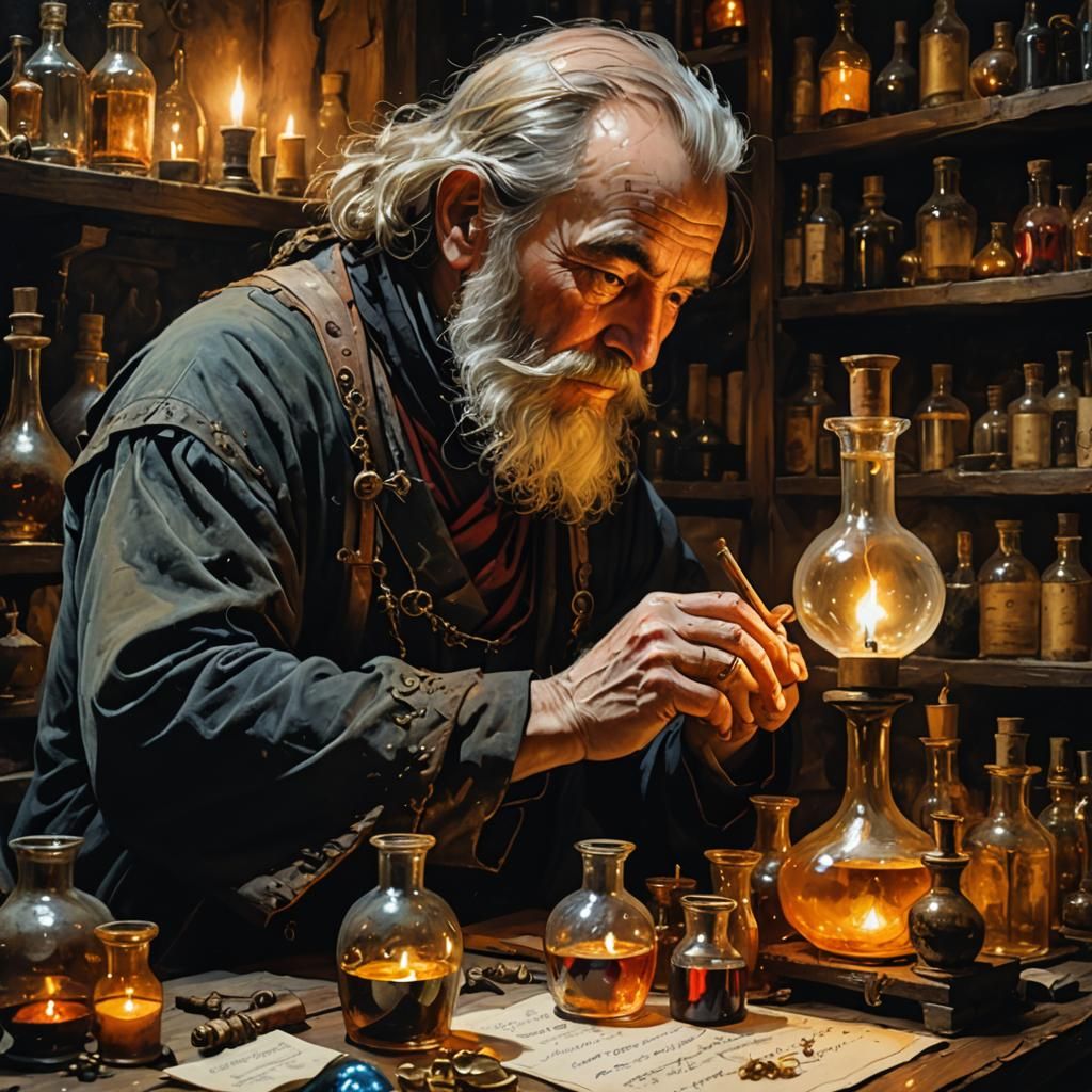 Alchemist in Medieval Lair with Occult Symbols