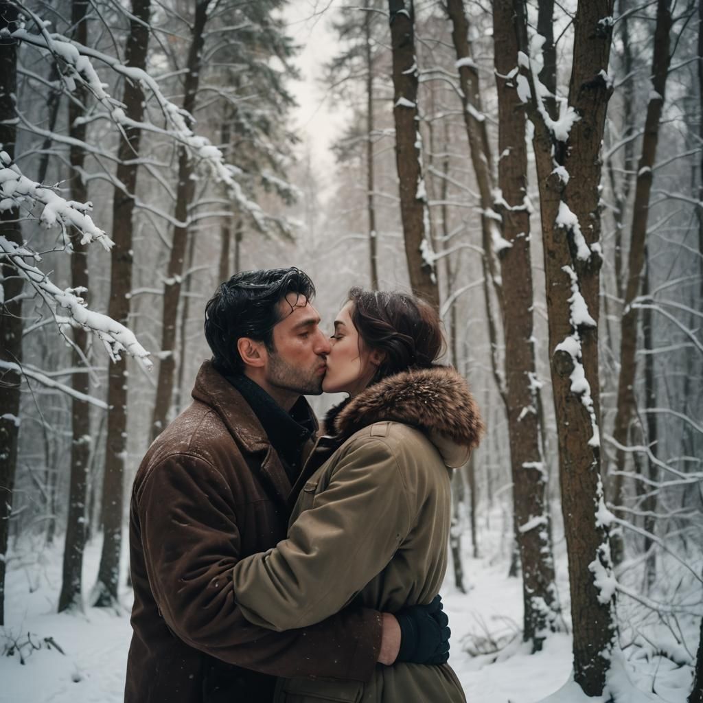 Romantic Kiss in Snowy Woods: Cinematic Film Still
