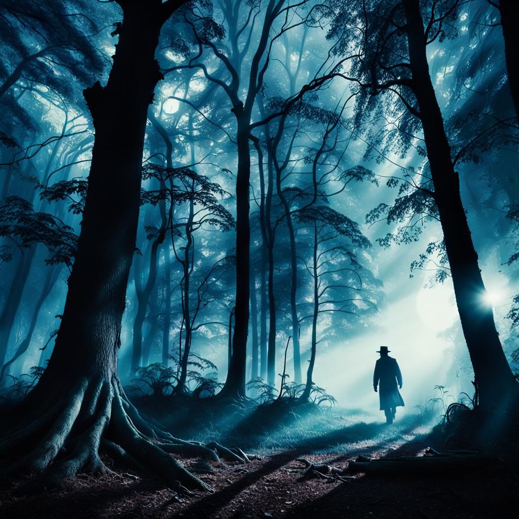 Misty Forest Clearing in Film Noir Style