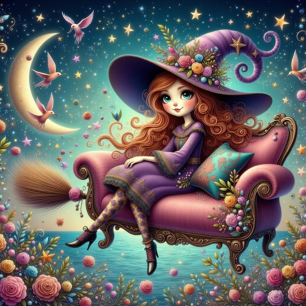 Whimsical Witch Flying on Couch Broomstick