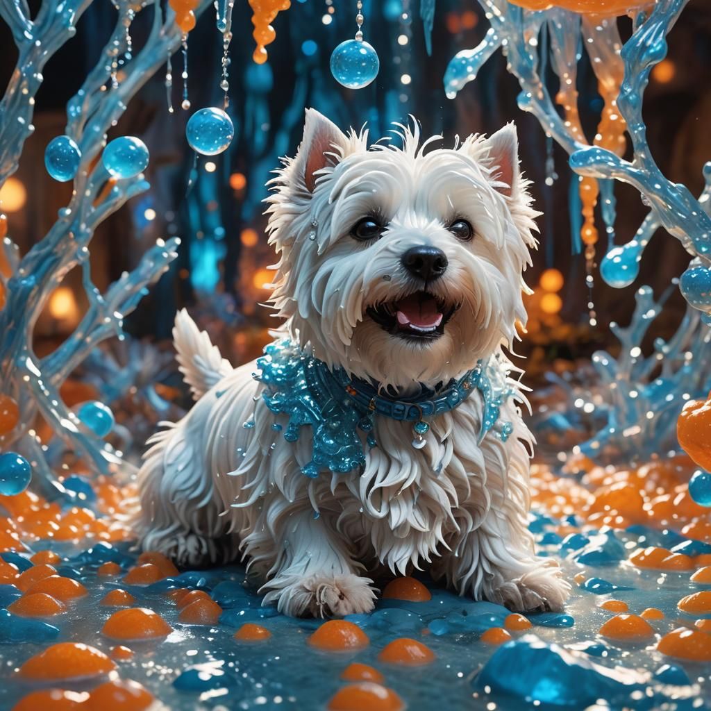 Westie and Sparkling Slime in Whimsical Fantasy Art
