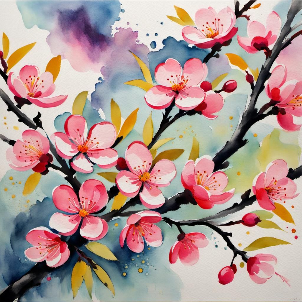 Plum Blossoms in Watercolor Gouache Style