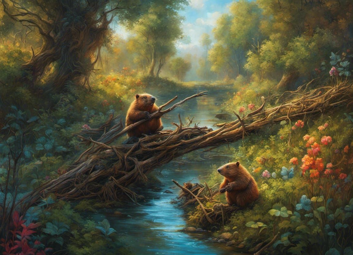 Beavers Build a Dam: Detailed Fantasy Art