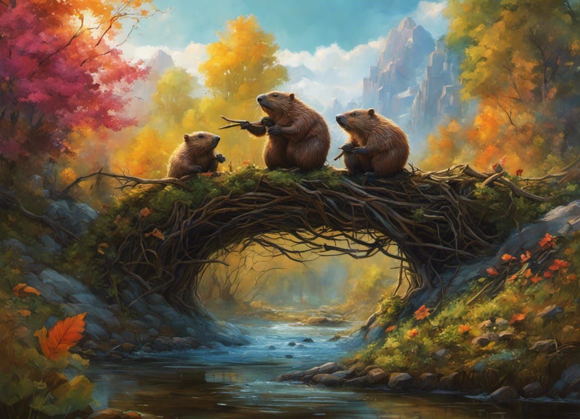 Beavers Build a Dam: Hyperdetailed Fantasy Art