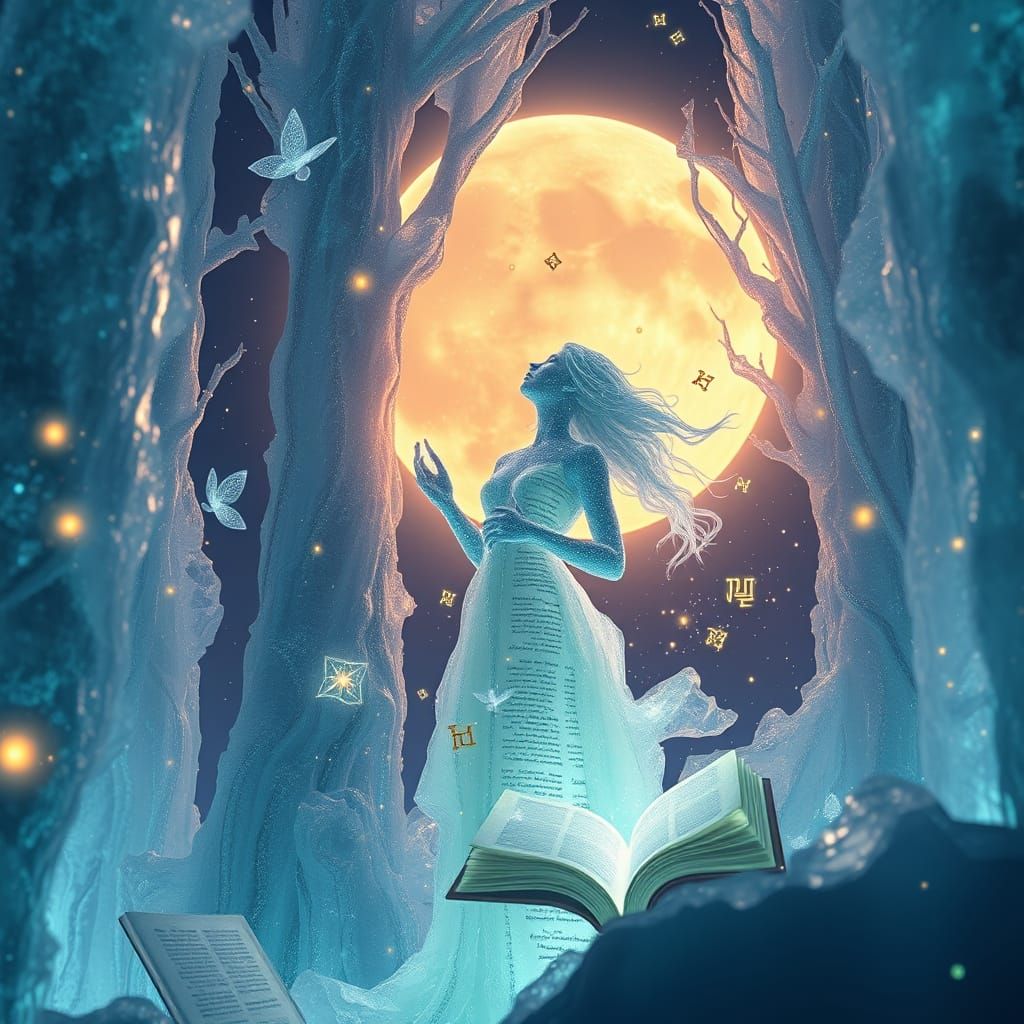 Frozen Cosmic Library Garden in Hyperrealistic Style