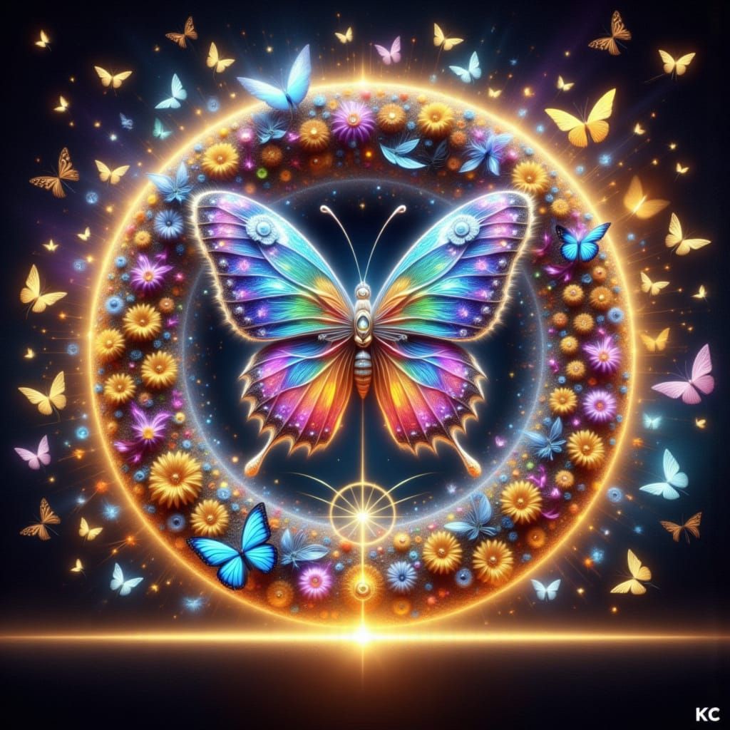 Cyberpunk Butterfly in Swirling Vortex of Zodiac Symbols