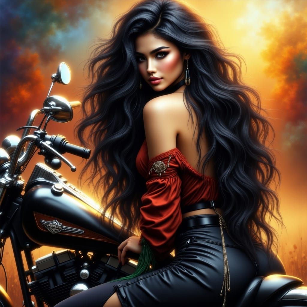 Confident BBW Woman Riding Harley in Hyperrealistic Style