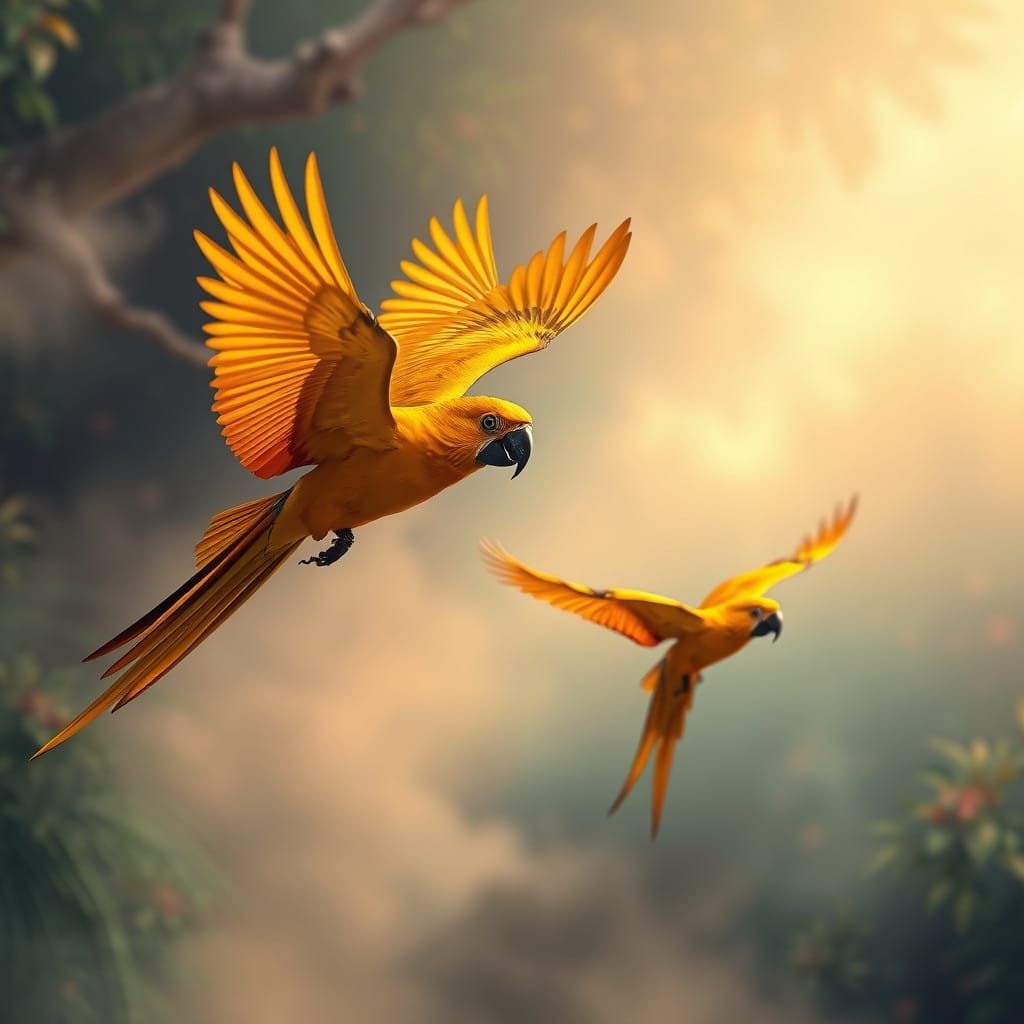 Majestic Golden Macaws Soar Together in Dreamlike World