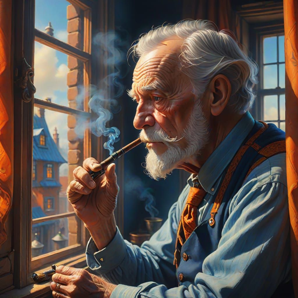 un grand-père fumant sa pipe à la fenêtre