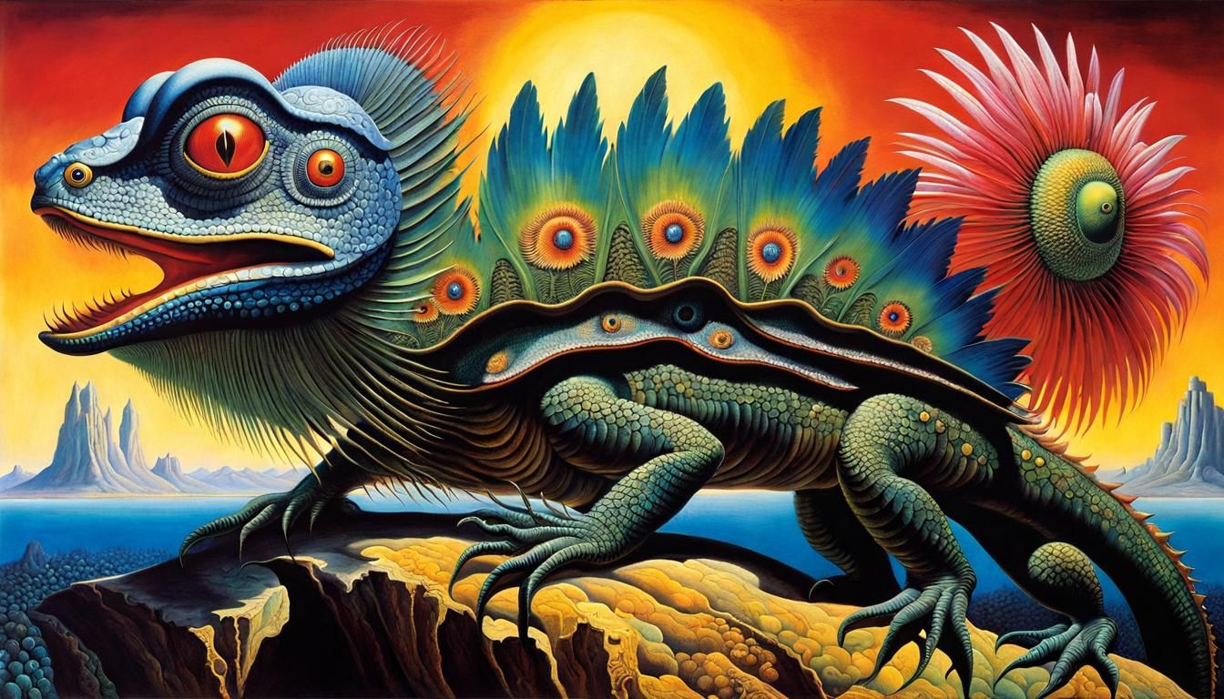 Feathered Lizard in Surrealist Flower Fantasy