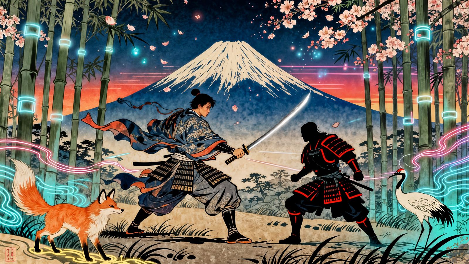 Samurai Duel in Digital Ukiyo-e Bamboo Forest