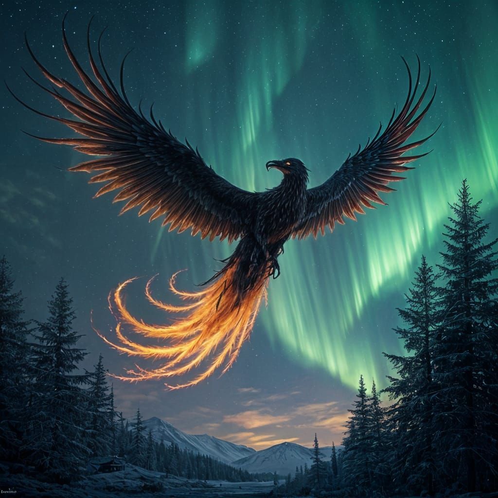 Dark Phoenix Soars Through Aurora Borealis Sky