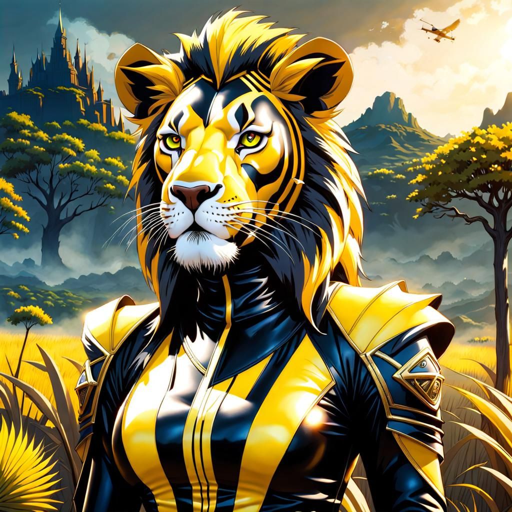 Gothic Female Lion in Latex Uniform on Savanna