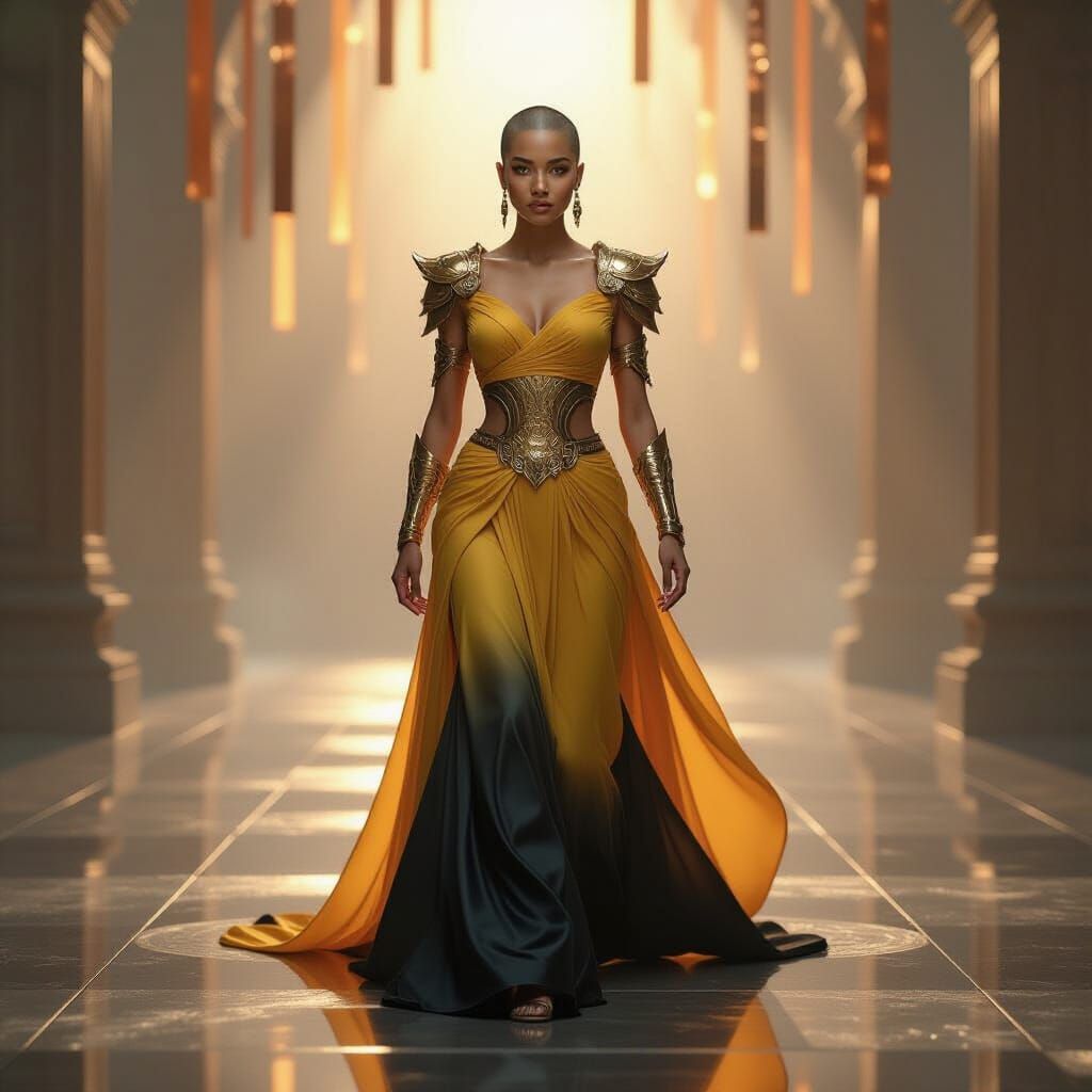 Ethereal Woman in Flowing Gown on Luminous Floor