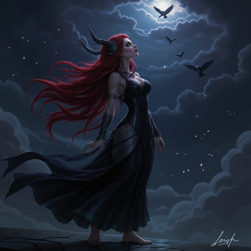 Red-Haired Fae Witch Gazing at Stormy Sky