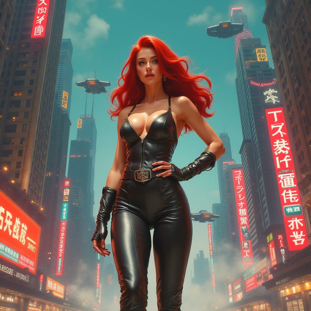 Confident Woman in Cyberpunk Cityscape