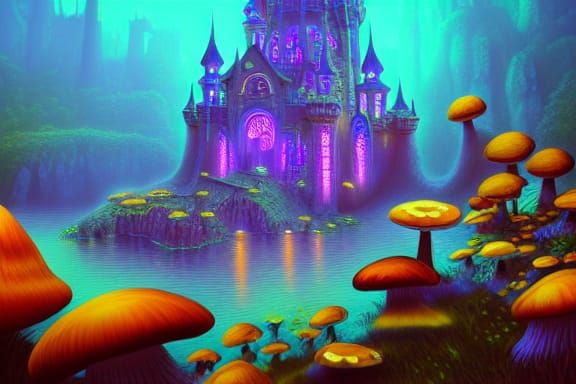 Fantasy Mushroom Castle Concept Art in Synthwave Style