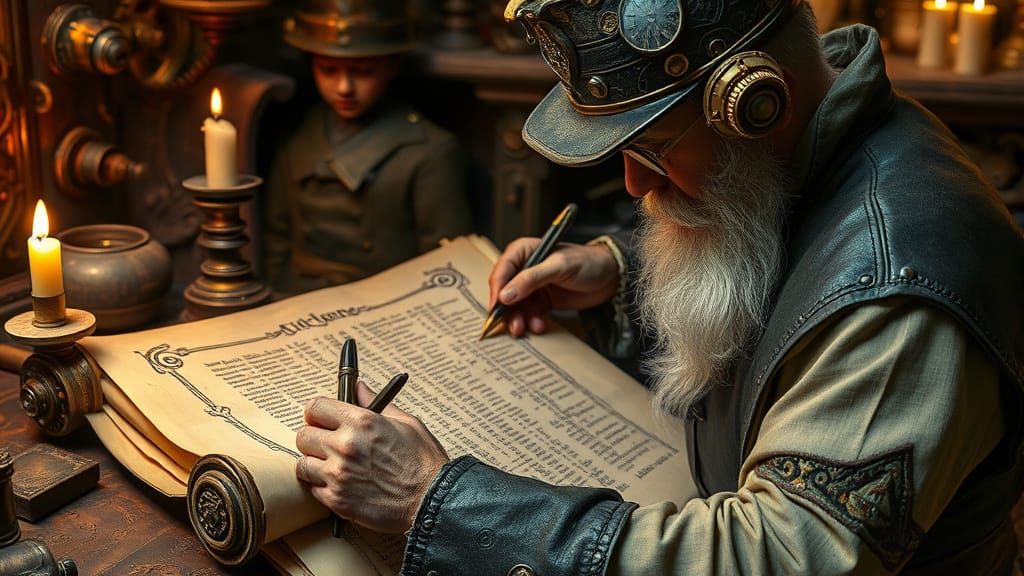 Steampunk Scribe Inscribing Scroll in Mechanical World