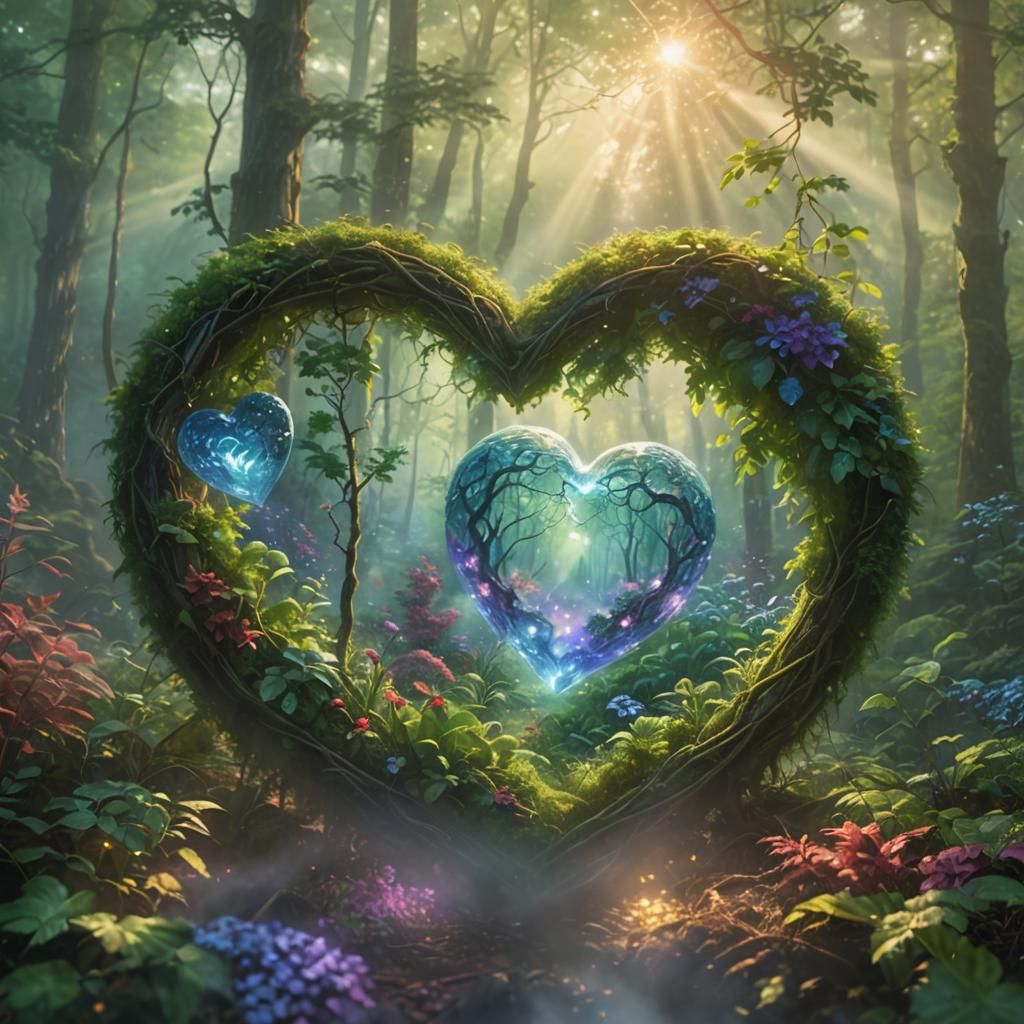 Crystal Heart in Ethereal Forest, Photorealistic Soft Pastel...